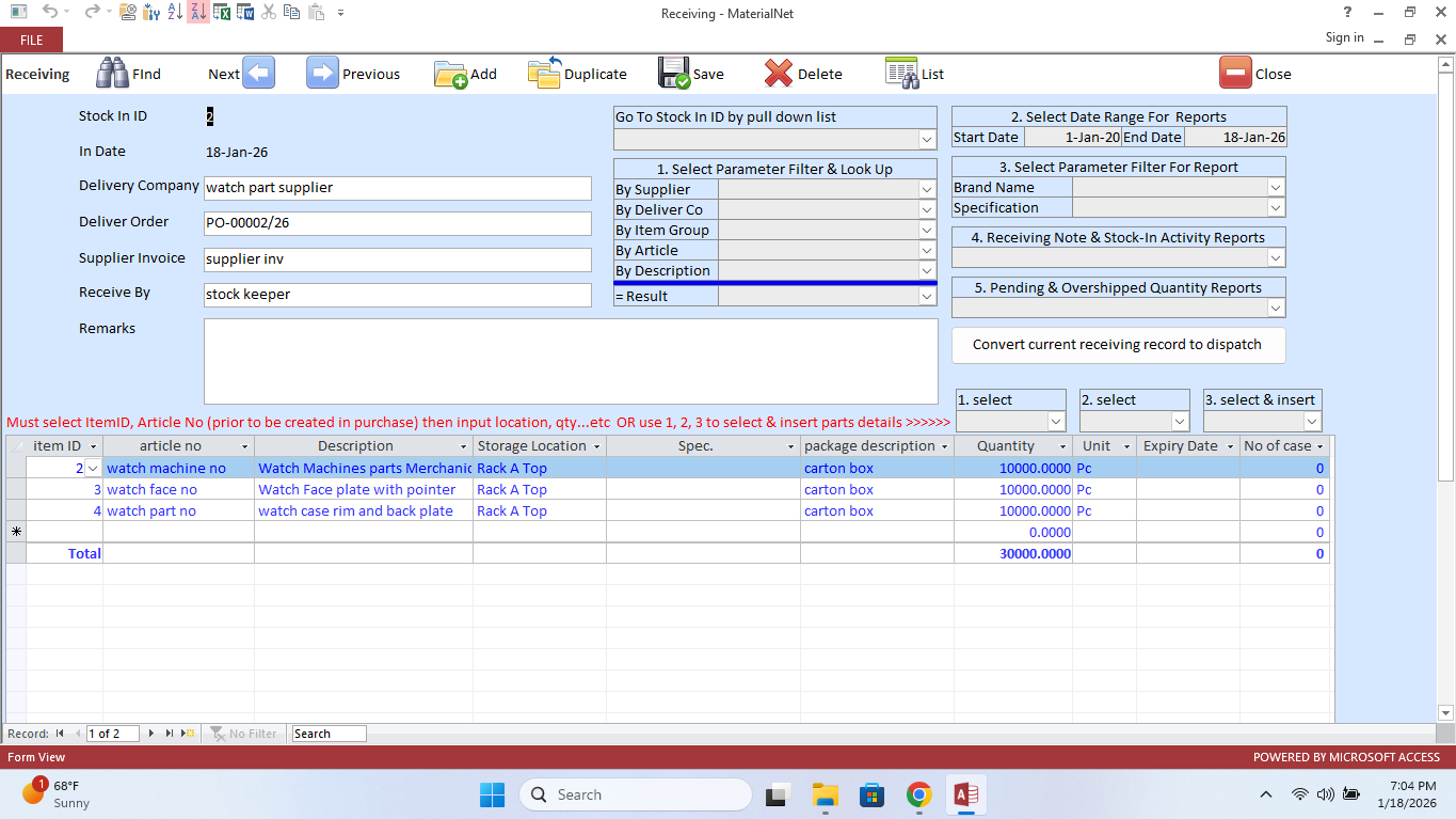 MaterialNet Receiving