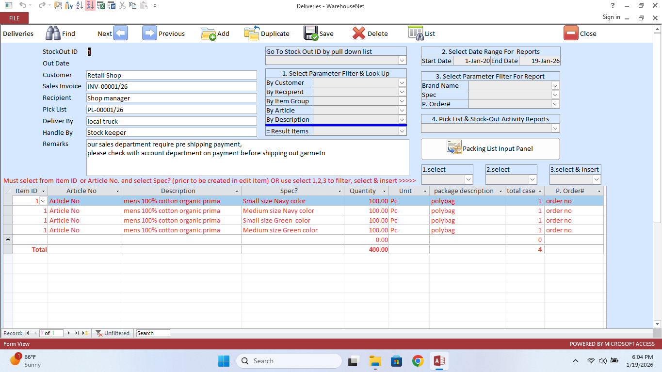 WarehouseNet Deliveries