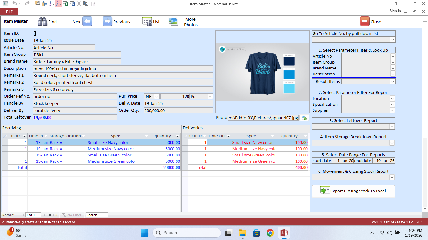 WarehouseNet Item Master